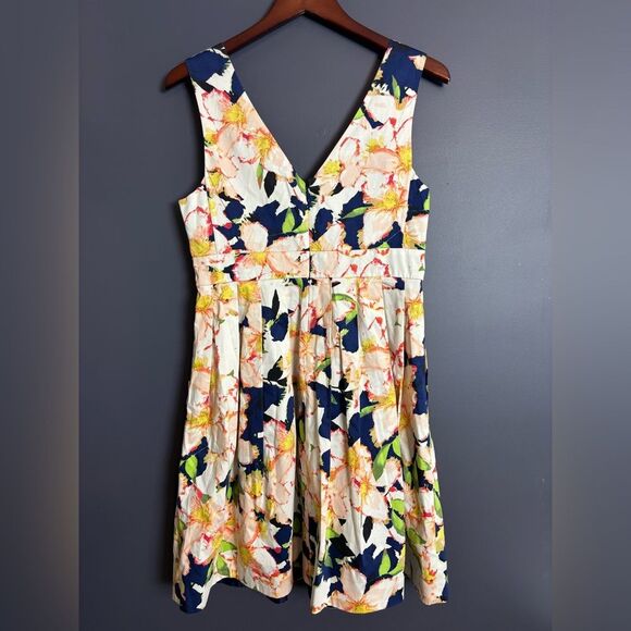 J. Crew V Neck Fit & Flare Blue Floral Dress Cotton Spandex Size 8 Spring Summer - Picture 2 of 9